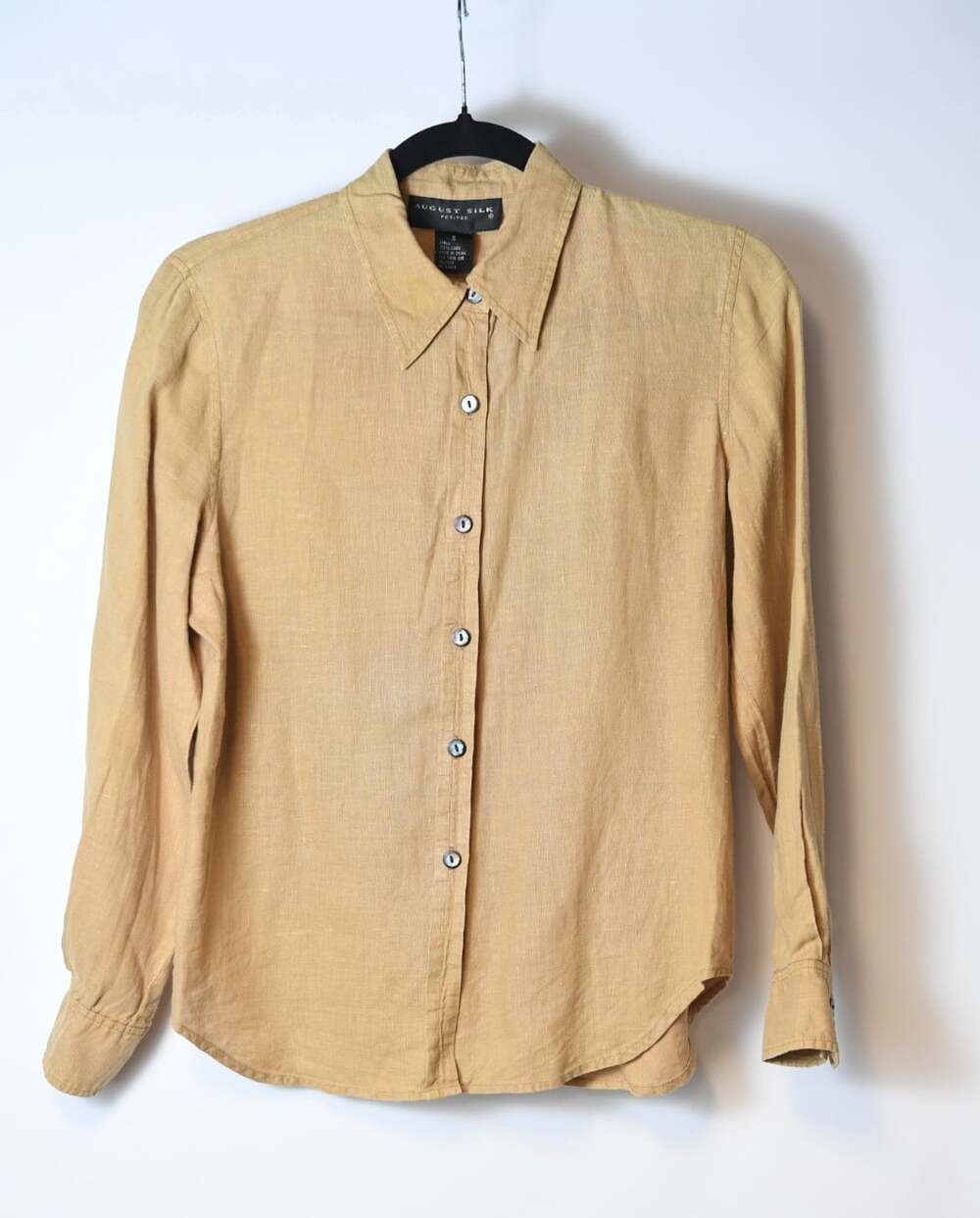 August Silk Petites Mustard Yellow Tan 100% Linen Button Down Shirt Size S- READ